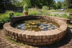 a fish pond in the middle of a brick wall with water lilies growing on it