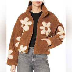 Brown Oversized Flower Fleece Fabrication Jacket Front Zip Brown Size L Side Pockets Crop Length No Bundling Cream Floral Print Outerwear For Fall, Winter Beige Outerwear With Floral Print, Winter Beige Floral Print Outerwear, Beige Floral Print Outerwear For Winter, Nyc Love, Flower Jacket, Plush Flower, Fall Outerwear, Floral Patches