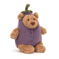 Bartholomew Bear Aubergine is all dressed up!  Our toffee bear wears a purple suedette costume, fastened with velcro for easy removal. The veggie suit has stitched faux-buttons and the cute stalk hate even has ear-holes!  A kooky gift for a veggie friend or any Bartholomew fan. Bartholomew Bear, We Bear, Kids Water Bottle, Bear Stuffed Animal, Bear Design, Cute Bears, Baby Birthday, Flower Cards, Bird Feathers