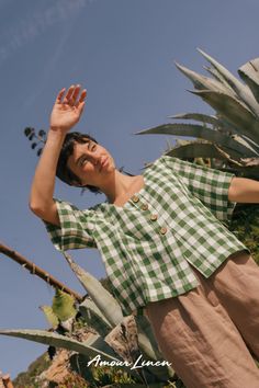 Our linen shirt is the perfect item for your casual, simple, or vacation look. These summer shirts can be paired with linen shorts, pants, or skirts to complete the style, or added as complementary styling choice for feminine boho and casual style, but also as everyday wear. Our eco-friendly sustainable women's fashion is made from 100% European linen.  Add our linen shirts to your capsule wardrobe today! Green Gingham, Vacation Looks, Linen Shirts, European Linens, Linen Duvet Covers, Shorts Pants, Linen Apron, Linen Shorts, Linen Top