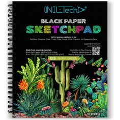 the black paper sketch pad is shown with cactuses and cacti