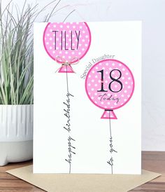 a pink balloon birthday card with the number eighteen on it and two balloons attached to it