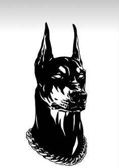 a black and white drawing of a dog's head with the words doberman on it