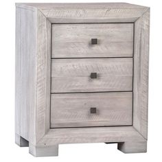 a white wooden nightstand with three drawers