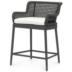 an outdoor bar stool with a white cushion on the seat and backrest, in dark grey