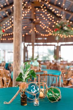 the table is set up for an event with blue linens and green centerpieces