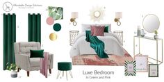 a bedroom with green and pink accessories, including a bed, chair, mirror, table, lamp, rugs