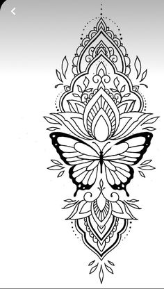 a black and white drawing of a butterfly with intricate designs on it's wings