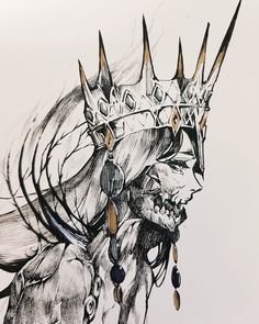 a drawing of a horse wearing a crown with spikes on it's head and teeth