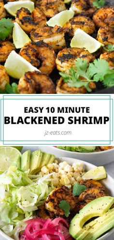 grilled shrimp and avocado salad with text overlay