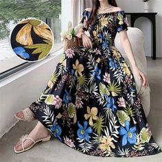 Summer Woman Clothing Loose Bohemian Floral Cotton Beach Korean Style Off-Shoulder Print Casual Vintage Vestidos Robe Maxi Dress Black Off-shoulder Maxi Dress For Vacation, Black Off-shoulder Maxi Dress With Floral Print, Multicolor Off-shoulder Maxi Dress For Beach, Beach Korean, Bohemian Floral, Pretty Dresses, New Outfits, Summer Women, Korean Fashion