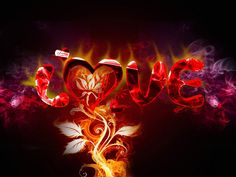 the word love is written in red and yellow flames