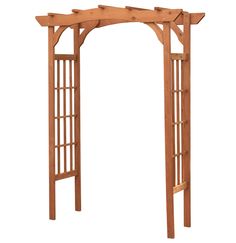 an outdoor wooden arbor with lattices on the top and bottom part, against a white background