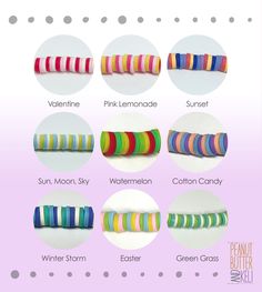 the instructions for how to make paper bracelets with colored strips on them, including pink lemonade, sun moon sky, watermelon, cotton candy and green grass