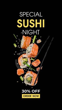 sushi night flyer with chopsticks and sushi on the plate, black background