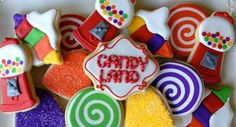 decorated cookies in the shape of candy land