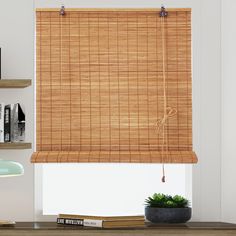 a bamboo blind in front of a window with books on the shelf and a potted plant next to it