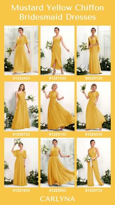 the bridesmaid dresses are all yellow and have different styles, but not in color