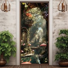 an open door to a forest scene with flamingos in the water and green plants