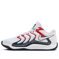 the nike zoom basketball shoe in white and black with red accents on the upper part