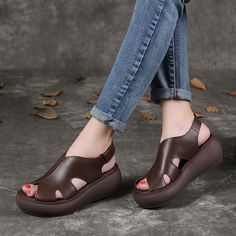 Women Casual Shoes, Summer Retro, Wedges Style, Sheepskin Boots, Toe Sandals, Leather Wedges, Spring Shoes, Black Coffee, Leather Flats