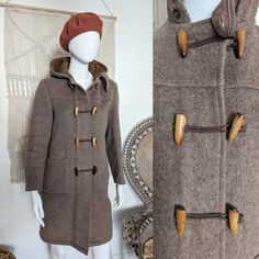 Amazing 1970's cosy duffle coat with wooden toggles. A total classic, recreated by many modern brands such a Doen. Measurements:                                               Armpit to armpit- 20 inches Waist - free Length - 35 inches Would probably best a UK size 8 - 12. Vintage Brown Long Pea Coat, Vintage Long Brown Pea Coat, Vintage Winter Outerwear With Button Closure, Vintage Winter Outerwear With Buttons, Vintage Winter Pea Coat With Pockets, Vintage Hooded Outerwear With Button Closure, Vintage Winter Outerwear, Mid-century Long Sleeve Winter Outerwear, Vintage Wool Outerwear With Buttons