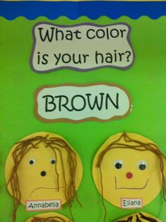 a bulletin board with two faces and the words what color is your hair? brown