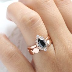 Elegant Black Diamond Wedding Ring, Wedding Black Diamond Ring, Marquise Cut Diamond Jewelry With Diamond Eyes For Wedding, Marquise Cut Jewelry With Diamond Eyes For Wedding, Fine Jewelry Wedding Ring With Diamond Eyes, Black Marquise Diamond Rings, Black Marquise Diamond Jewelry, Wedding Diamond Ring With Black Diamonds, Elegant Black Stackable Wedding Rings