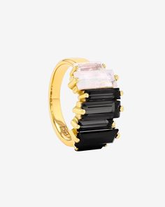 This stunning half band is the perfect accessory for any occasion. Crafted with 14-karat gold, it boasts tall baguette-cut black ombre gemstones, adding a touch of sophistication to your look. Details 14k yellow gold or rose gold 7x2.5mm baguette-cut rainbow moonstone, black spinel and black night quartz gemstones 9x2. Spinel Gemstone, Baguette Ring, Black Ombre, Blackest Night, Jewelry Tray, Black Spinel, Amalfi, Eternity Bands, Rainbow Moonstone