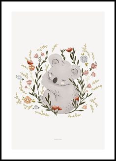 a drawing of a koala hugging its head in the middle of flowers and leaves