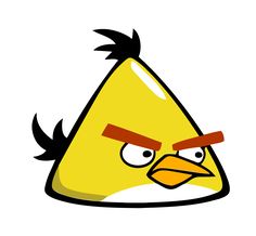 an angry yellow bird with red eyes and black hair, sitting in front of a white background