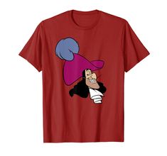 a red shirt with an image of a cartoon character wearing a purple hat