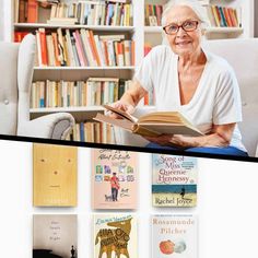 an old woman sitting in a chair reading a book with bookshelves behind her