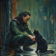 a painting of a man petting a cat in the rain with another cat sitting next to him