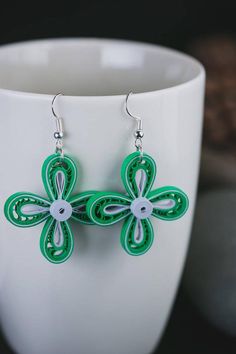 Green  quilled earrings/ Green & silver earrings/ Silver | Etsy Green Dangle Flower Earrings For Gift, Green Drop Earrings For Birthday, Green Dangle Earrings For Mother's Day, Handmade Green Earrings For Birthday, Handmade Green Earrings For Birthdays, Green Earrings With Ear Wire As Gift, Diy Quilling Earrings, Paper Filigree, Earrings Paper