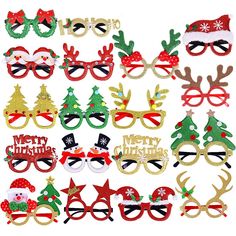 christmas glasses and reindeers with santa hats on them are shown in different colors, sizes and shapes