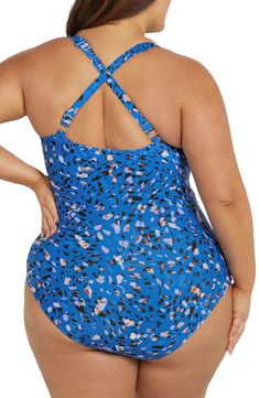 Adjustable straps and underwire support elevate this one-piece swimsuit for a chic finish. Adjustable straps Full back coverage Powermesh lining 82% recycled nylon, 18% elastane Hand wash, dry flat Imported Blue Underwire Swimwear With Straps, Blue Spaghetti Strap Tankini For Swimming, Blue Swimwear With Adjustable Straps For Pool, One-piece Swimwear With Adjustable Straps For Pool, Blue Beachwear Swimwear With Straps, Beach Tankini With Underwire And Moderate Back Coverage, Blue Spaghetti Strap Tankini For Pool, Lined Spaghetti Strap Tankini For Swimming, Halter Neck Tankini With Adjustable Straps For Pool