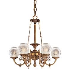 a chandelier with five lights hanging from it's center and four glass shades on the bottom