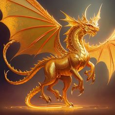 a golden dragon statue sitting on top of a table in front of a dark background