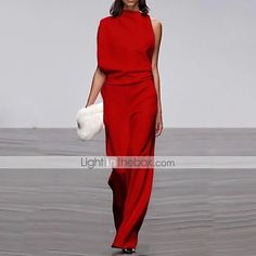 damski kombinezon z asymetrycznymi rękawami do dojazdów do pracy w kolorze białym, czarnym, czerwonym 2023 - zł 121.99 Romper 2023, Jumpsuits For Women Summer, Formal Playsuit, Formal Jumpsuits, Romper Summer, Nyc Fall, Jumpsuit White, Autumn In New York, Colorful Jumpsuit