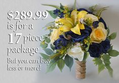 a bridal bouquet with blue, yellow and white flowers for $ 299 99 is for a 17 piece package but you can buy less or more