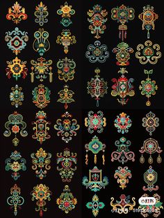 an assortment of ornate designs on black background