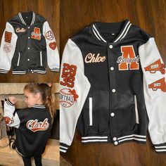 Customized Kids Letterman Jacket, Personalized with your kid's name and youth sports team, accomplishments, and a great keepsake. It makes an excellent gift for your little sports-loving Kiddo.  ⭐️ Handmade Personalized Keepsake ⭐️ 🧡Custom Youth Letter Jacket 🧡 🎅🏻 🎄Perfect Christmas gift for your favorite little Cheer/Baller   $85 Standard Order Includes  * Town/Mascot Patch In School Colors 🧡🖤 * Child's Name  * Last Name on Back  * Graduating Class Year on Sleeve  * 2- Custom Sports Patches  * $5 for each additional Sports patch  📣 Processing time is 10-15 days after payment. A $10 upcharge is available for Rush orders. 📣 Material: Soft Cotton Polyester Blend - Lightweight - Med Warmth - Sweatshirt Style material.   📣 Payment - All orders are custom and made to order in-house an Cheap Varsity Tops With Team Name, Letterman Jacket Women, Letter Jacket Ideas, Letter Jacket Patches Placement, Team-colored Outerwear With Team Name For Sports Events, Team-colored Outerwear With Team Name For Game Day, Team-colored Long Sleeve Varsity Jacket With Team Name, Team-colored Outerwear With Team Name For Sports Season, Collegiate Outerwear With Team Name For Game Day