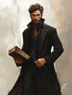 a painting of a man in a suit and tie holding a book