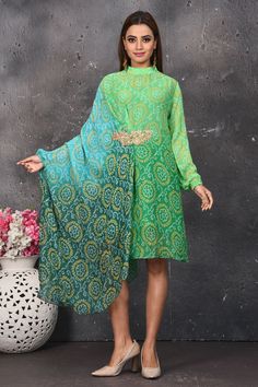 Buy stunning ombre green bandhej print indowestern dress online in USA. Be party ready with exclusive designer wear outfits. Indian designer suits, Anarkali dresses, palazzo suits, sharara suits from Pure Elegance Indian fashion store in USA.-full view Suits Sharara, Indowestern Dress, Bandhej Print, Ombre Green, Anarkali Dresses, Outfits Indian, Sharara Suits, Indian Designer Suits, Indo Western Dress