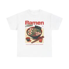 Celebrate your love for ramen with the "Ramen Addict" T-shirt, a must-have for every foodie! Featuring a fun and playful graphic design, this unisex tee is perfect for anyone who can't get enough of their favorite noodle dish. Whether you're lounging at home, heading to your favorite ramen spot, or just want to share your ramen obsession with the world, this shirt adds a quirky touch to your casual wardrobe. Made from soft, breathable fabric, it's as comfortable as it is stylish. Available in a variety of sizes and colors, this is the ultimate gift for ramen enthusiasts! Playful Graphic Design, Ramen Shirt, Noodle Dish, Inspirational Shirt, Trendy Shirts, Design Graphique, Casual Wardrobe, Ramen, Breathable Fabric