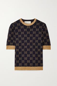 Gucci's logo-centric designs continue to dominate, thanks to Creative Director Alessandro Michele's eclectic and innovative imagination. This sweater is spun from cotton-blend with signature metallic 'GG' jacquard. Style yours with a trench coat and jeans. Womens Gucci Sweater, Luxury Logo Print Sweater For Fall, Luxury Jacquard Knit Crew Neck Top, Black Luxury Jacquard Knit Sweater, Luxury Gucci Jacquard Knit Sweater, Fitted Designer Gucci Sweater, Designer Fitted Gucci Sweater, Luxury Gucci Tops For Winter, Gucci Luxury Tops For Winter