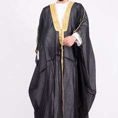 Traditional Arabic Men’s Cloak. Cape. Bisht(Arabic: ) Is A Traditional Arabic Men’s Cloak Popular In The Persian Gulf And Some Arab Countries. It Is Essentially A Flowing Outer Cloak Made Of Wool, Worn Over The Thobe. The Bisht Is Soft, And It's Usually Black, Brown, Beige, Or Other Colors. It Is Usually Only Worn For Prestige On Special Occasions Such As Weddings, Or Festivals Such As Eid, Or For The Friday Prayer. Length 160cm Black Tunic Abaya For Eid, Black Maxi Length Kaftan With Dabka, Black Kaftan For Eid And Traditional Ceremonies, Elegant Black Agbada For Eid, Black Thobe For Eid And Traditional Ceremonies, Festive Black Thobe With Dabka Embroidery, Long Abaya For Eid And Traditional Ceremonies, Eid Long Abaya For Traditional Ceremonies, Nigerian Traditional Wear