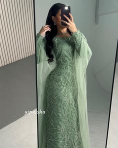 Jiayigong  Satin Embroidery Ribbons Celebrity A-line Boat Neck Bespoke Occasion Gown Long Dresses Green Long Sleeve Gown For Festive Occasions, Green Floral Embroidery Maxi Length Set, Long Sleeve Gown With Floral Embroidery For Banquets, Green Gown With Floral Embroidery For Eid, Green Embroidered Gown For Party, Semi-stitched Long Sleeve Gown With Floral Embroidery, Semi-stitched Long Sleeve Floral Embroidered Gown, Embroidered Floor-length Banquet Gown, Anarkali Green Long Sleeve Gown