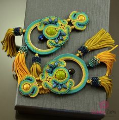 Very Long Teal Gold Statement Soutache Earrings With Three | Etsy Elegant Handmade Green Tassel Earrings, Elegant Green Handmade Tassel Earrings, Elegant Turquoise Earrings With Tassels, Elegant Green Jewelry With Tassels, Elegant Green Tassel Jewelry, Elegant Handmade Turquoise Tassel Earrings, Elegant Yellow Tassel Earrings, Green Tassel Earrings, Tassels Earrings